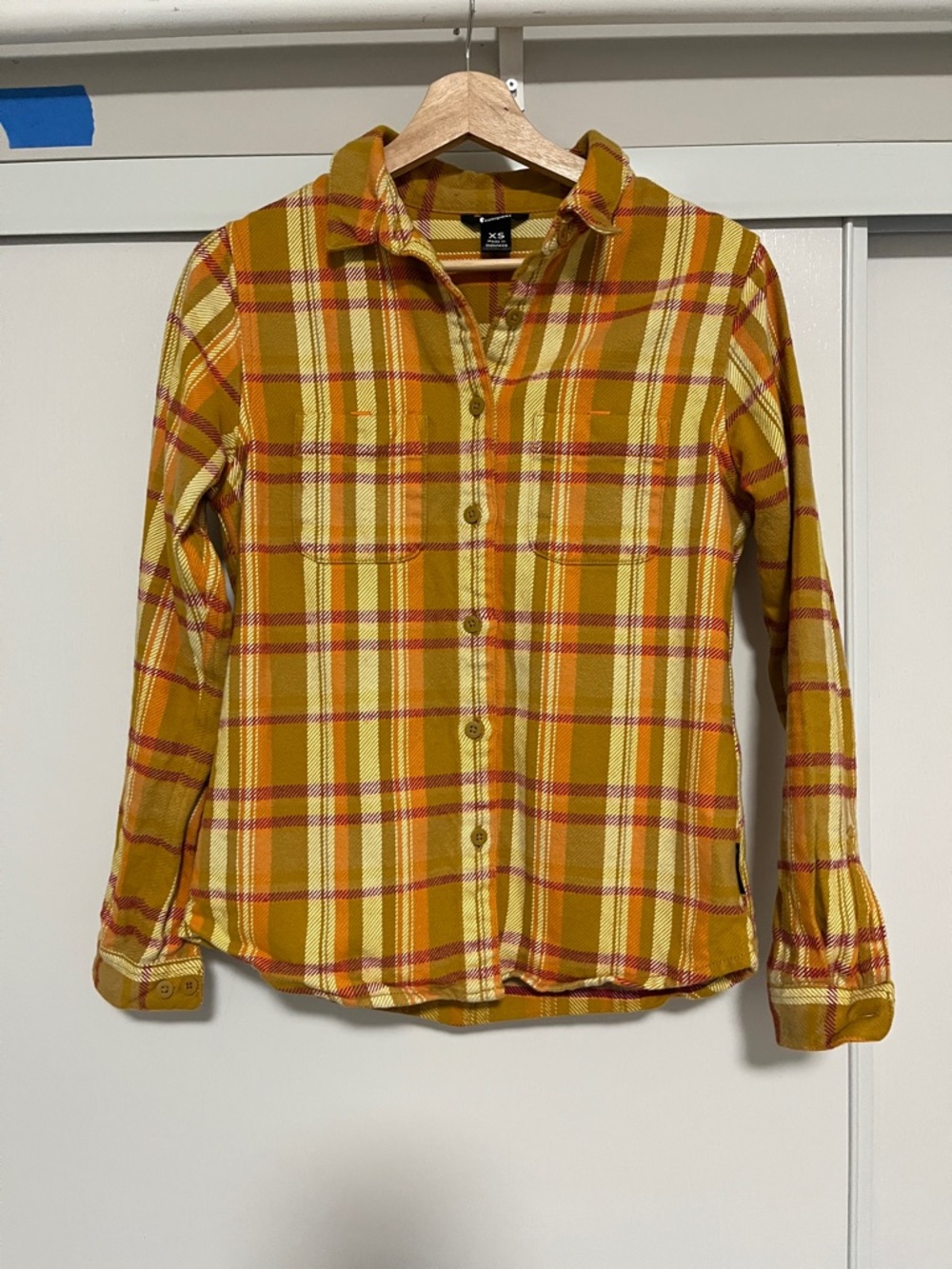 cotopaxi Mustard Yellow Plaid Button-Down Shirt with Orange & Cream Stripes